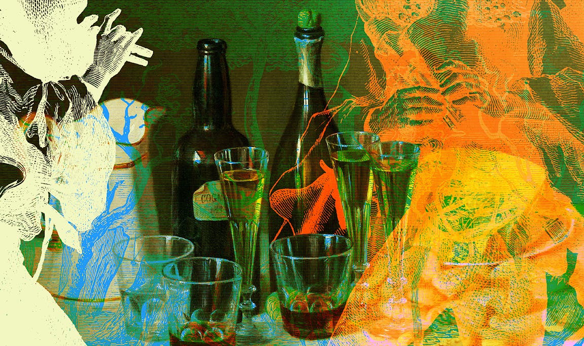 An illustration of people, bottles of wine, and glasses.